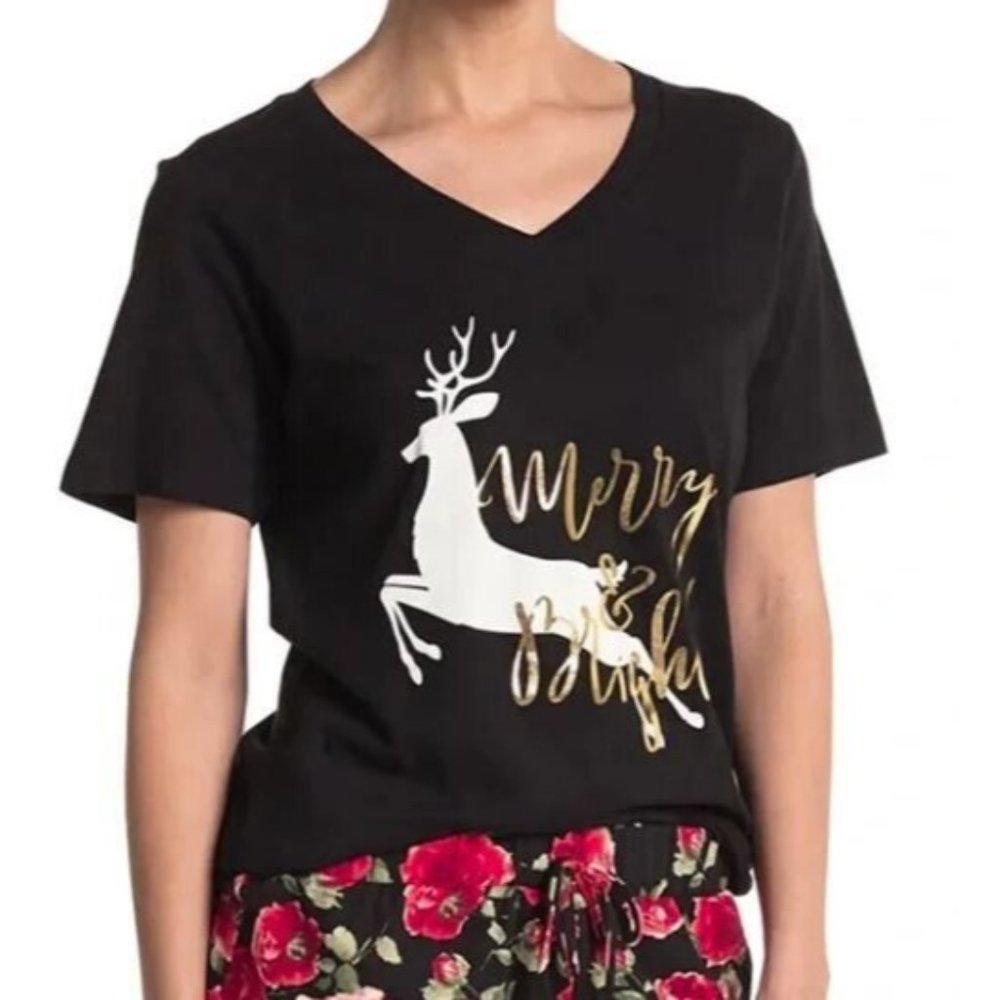 Cozy Rozy Women's "Merry & Bright" V-Neck Short Sleeve‎ T-Shirt in Black Small